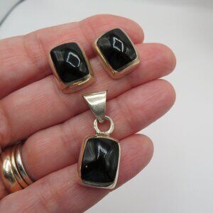 Vintage Sterling Silver 925 Rectangle Black Onyx Pendant and Earrings Set
